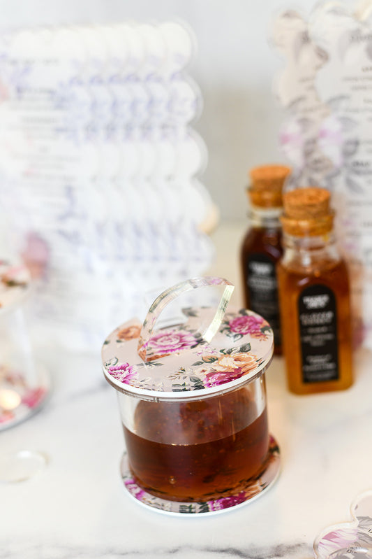Lucite Honey Dish: Maroon Flowers Design
