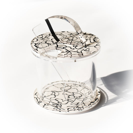 Lucite Honey Dish: Black Flowers on Tan Print