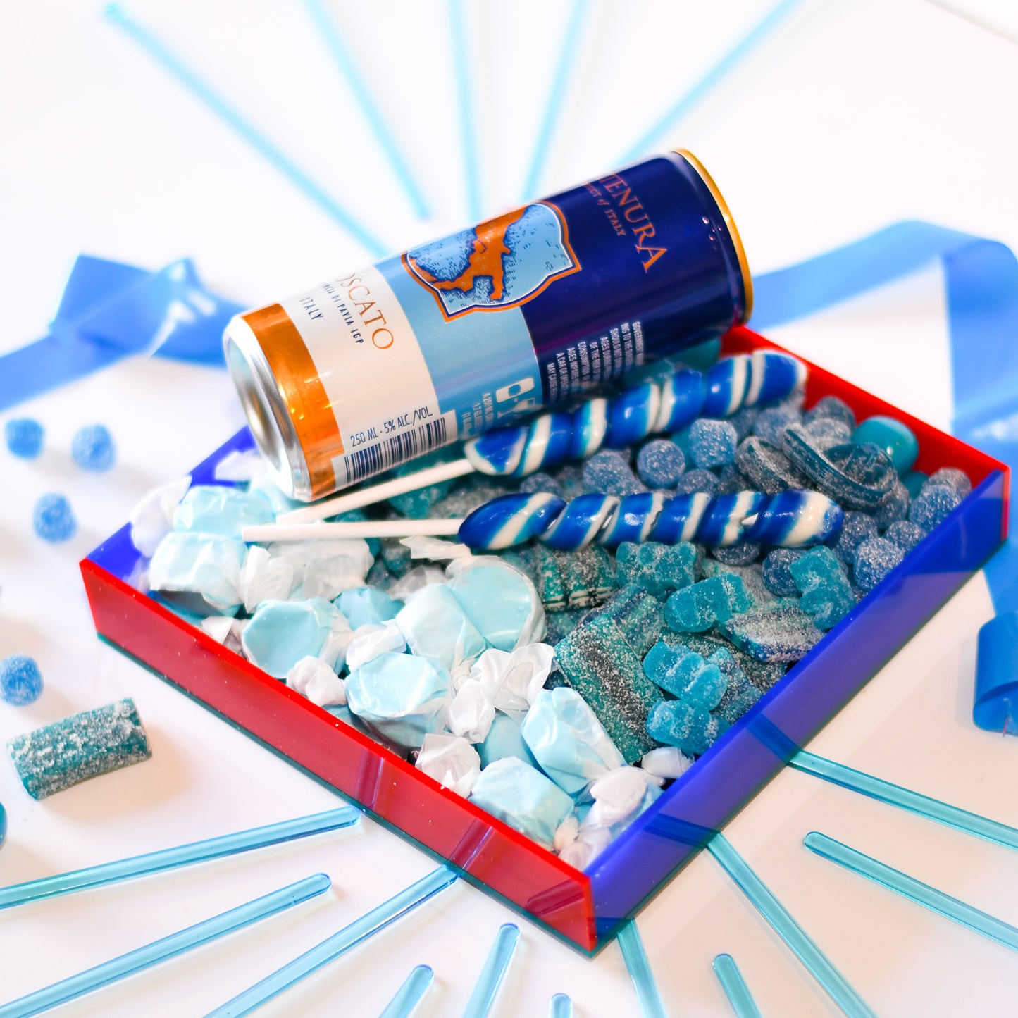 Blue MM candy tray + Can